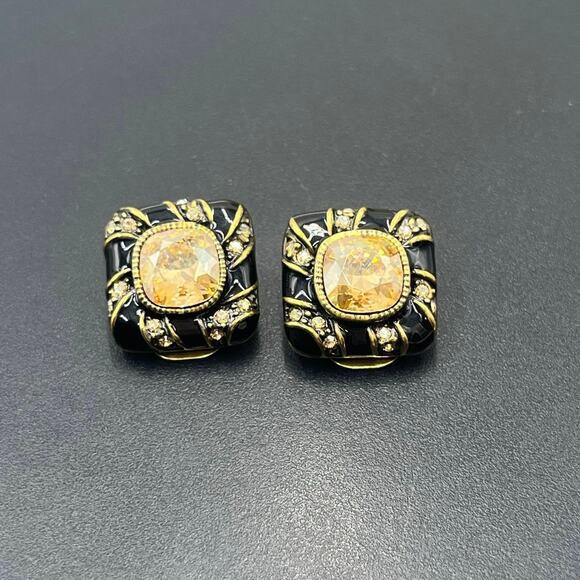 Heidi Daus Vintage Black Enamel Sparkling Yellow Crystal Center Clip On Earrings - Picture 1 of 9